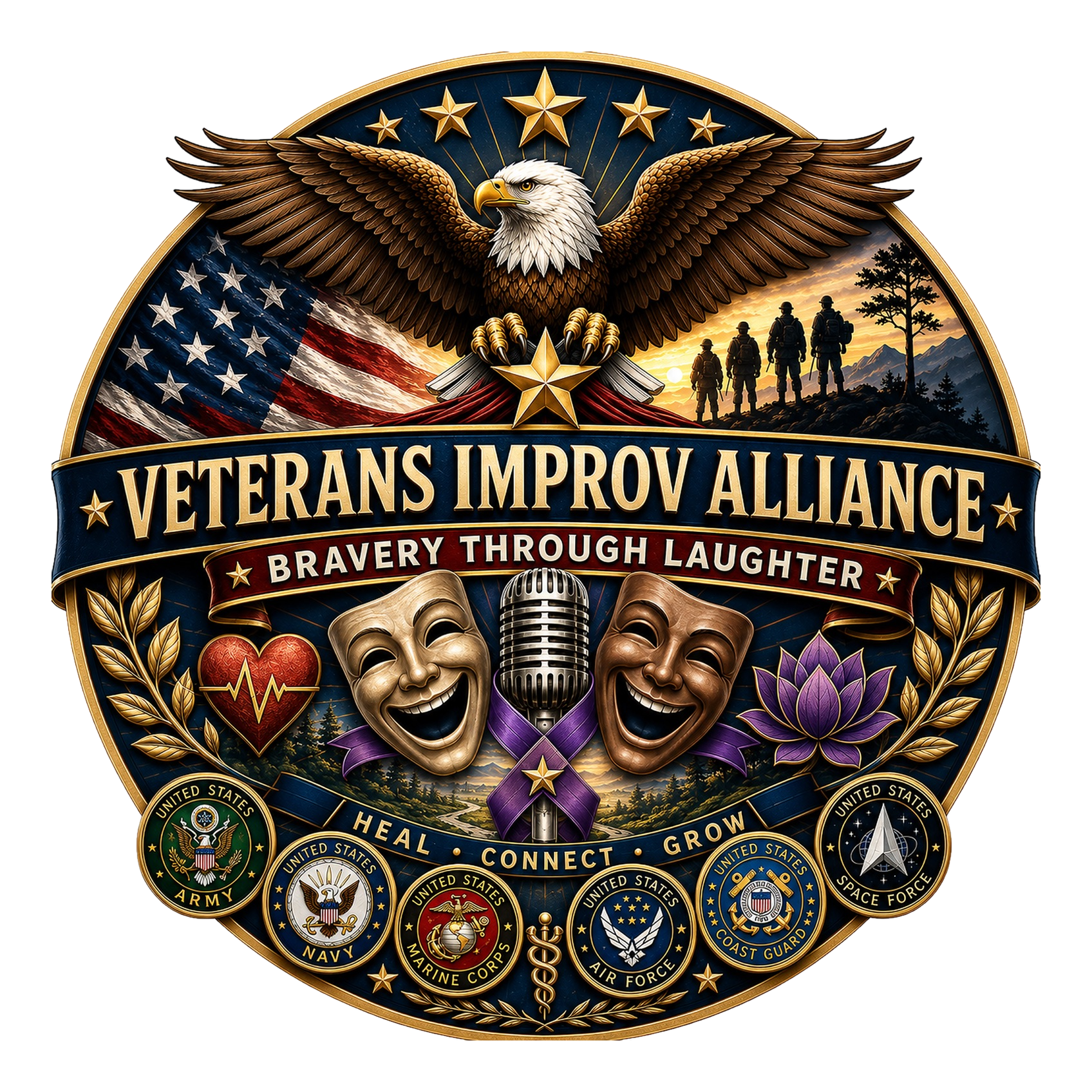 Veterans Improv Alliance logo with purple ribbon