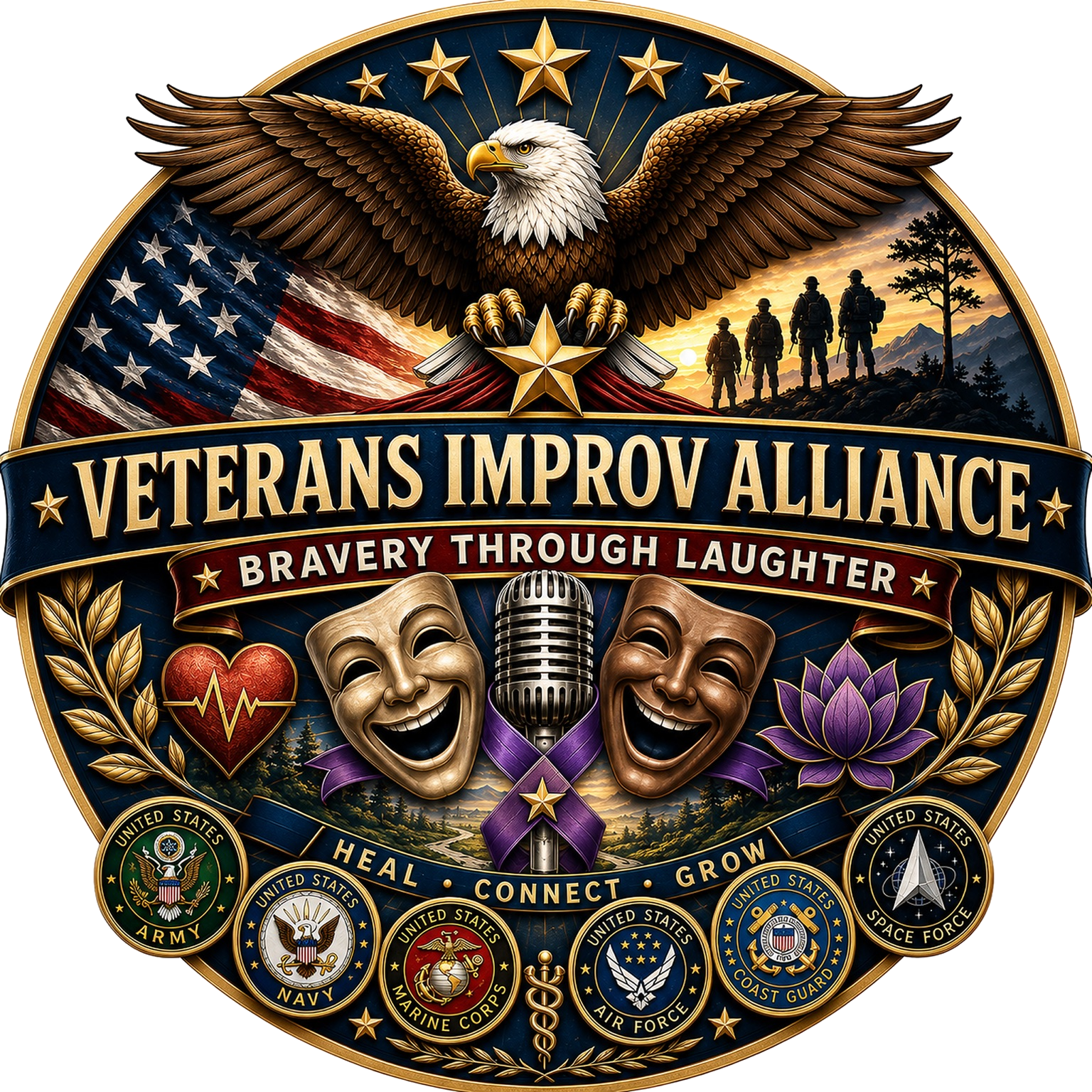Front of the Veterans Improv Alliance challenge coin